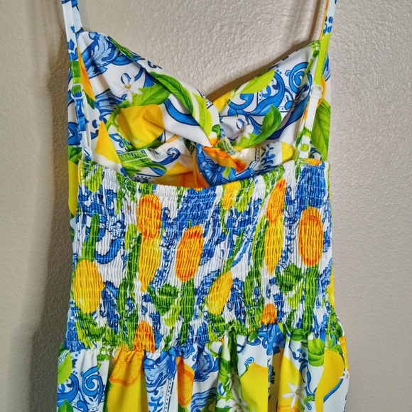 SHEIN Boho Lemon Print Smocked Midi Dress Size S - Picture 7 of 11